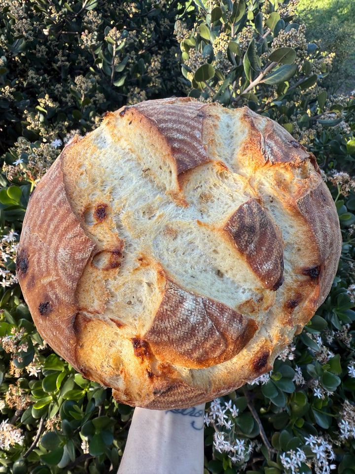 Loaf of bread with a rustic crust on a natural background (Lavender and white chocolate)